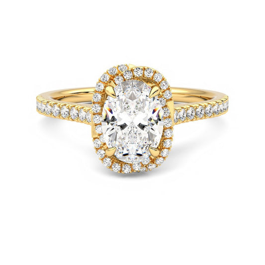 Oval Diamond Halo Engagement Ring in 18ct Yellow Gold