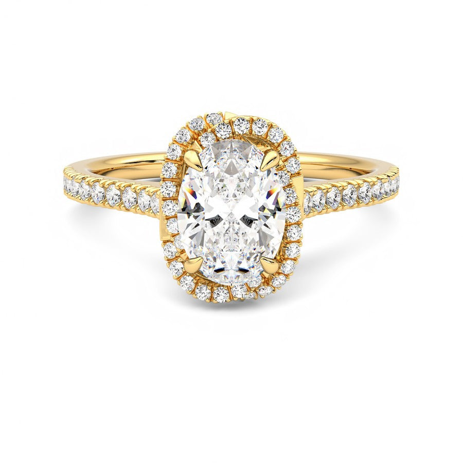 Oval diamond centre and twisted pavé diamond halo engagement ring set in 18ct yellow gold