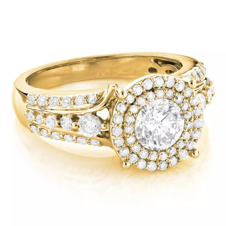 Double Halo Diamond Engagement Ring 1.75ct 18K Yellow Gold