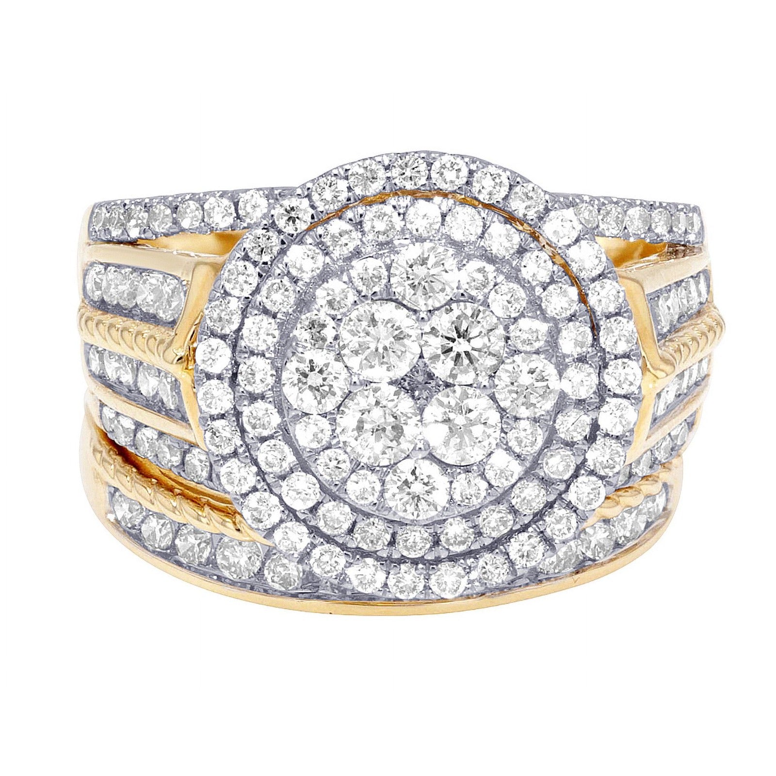 Round Cluster Double Halo 1.90 CT Diamond Bridal Rings Set 15MM 18K Yellow-White Gold S7