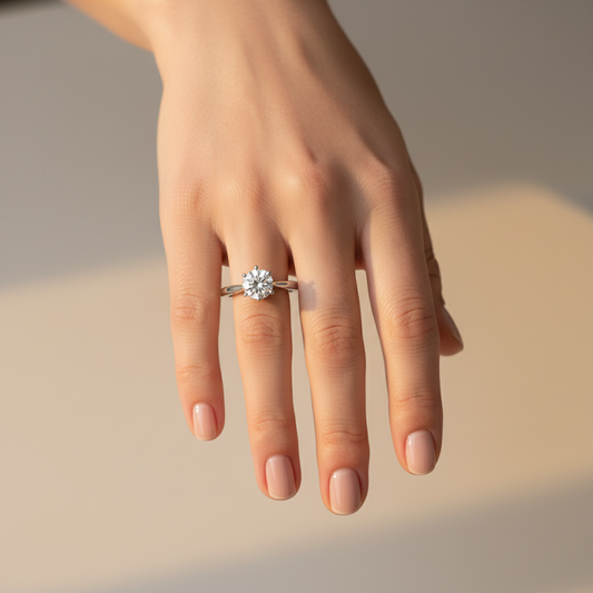 Hand wearing a diamond ring on a neutral background