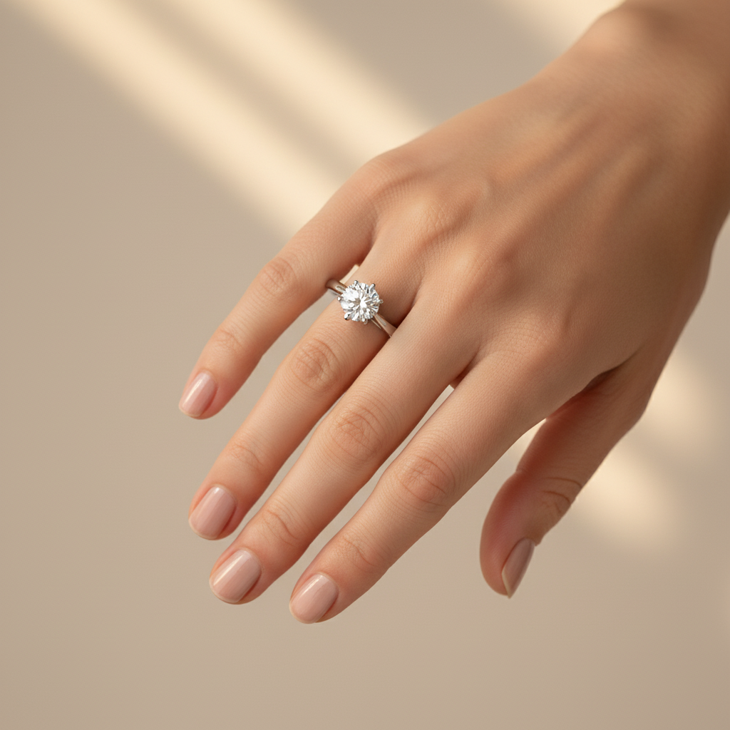 Hand wearing a diamond ring on a neutral background