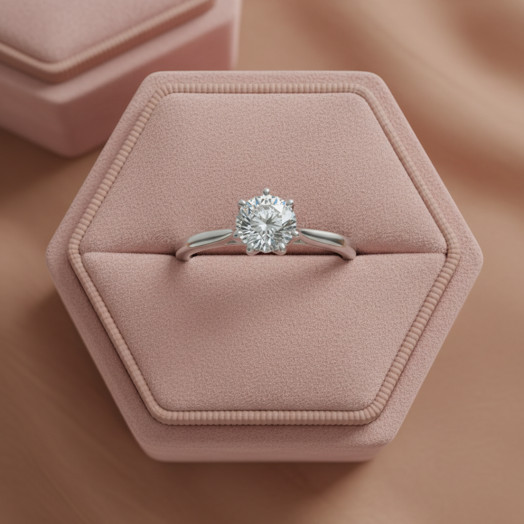 Diamond ring in a pink hexagonal box on a matching background